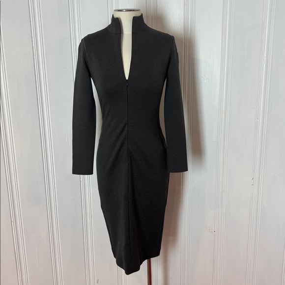 ÉDITIONS DE ROBES Charcoal Stretch Knit Dress | High Neck Zip Front | Size 2 - Picture 3 of 12